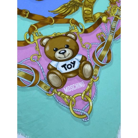 MOSCHINO Green Bear silk Scarf ITALY 52”/ 50" EC - Picture 3 of 6